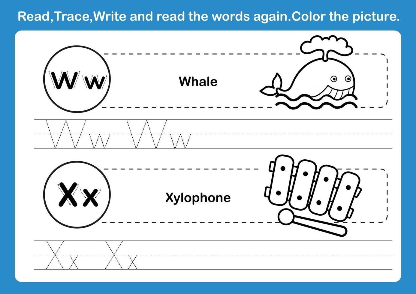 Alfabeto wx exercício com vocabulário de desenho animado para colorir livro ilustração vetorial vetor