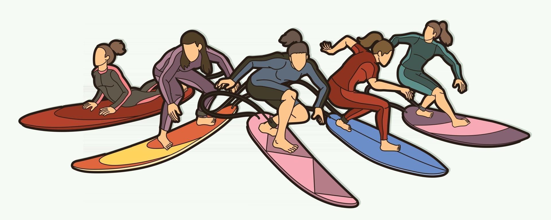 grupo de surfista do esporte feminino vetor