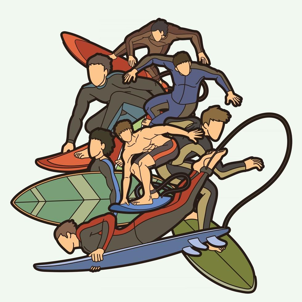 grupo de desenhos animados de surfista masculino time surf vetor