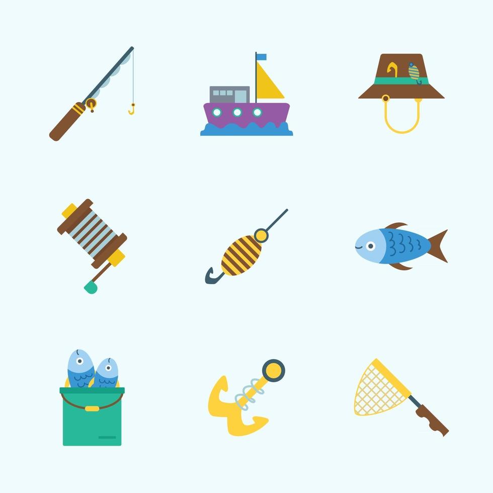 ícones kits iniciais para equipamentos de pesca vetor