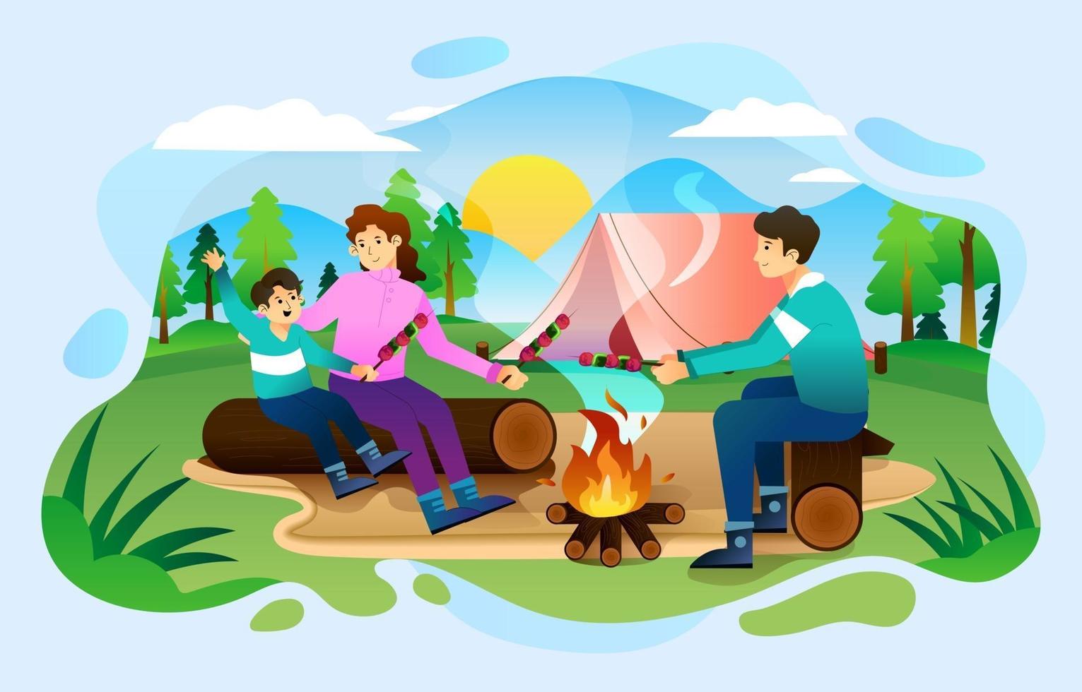 família feliz churrasco no acampamento de verão vetor