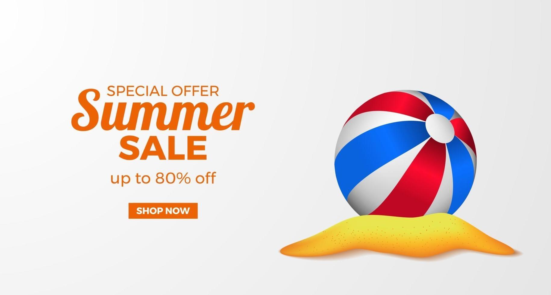 promoção de banner de oferta de venda de verão com esfera de bola 3D realista na ilha da praia de areia vetor