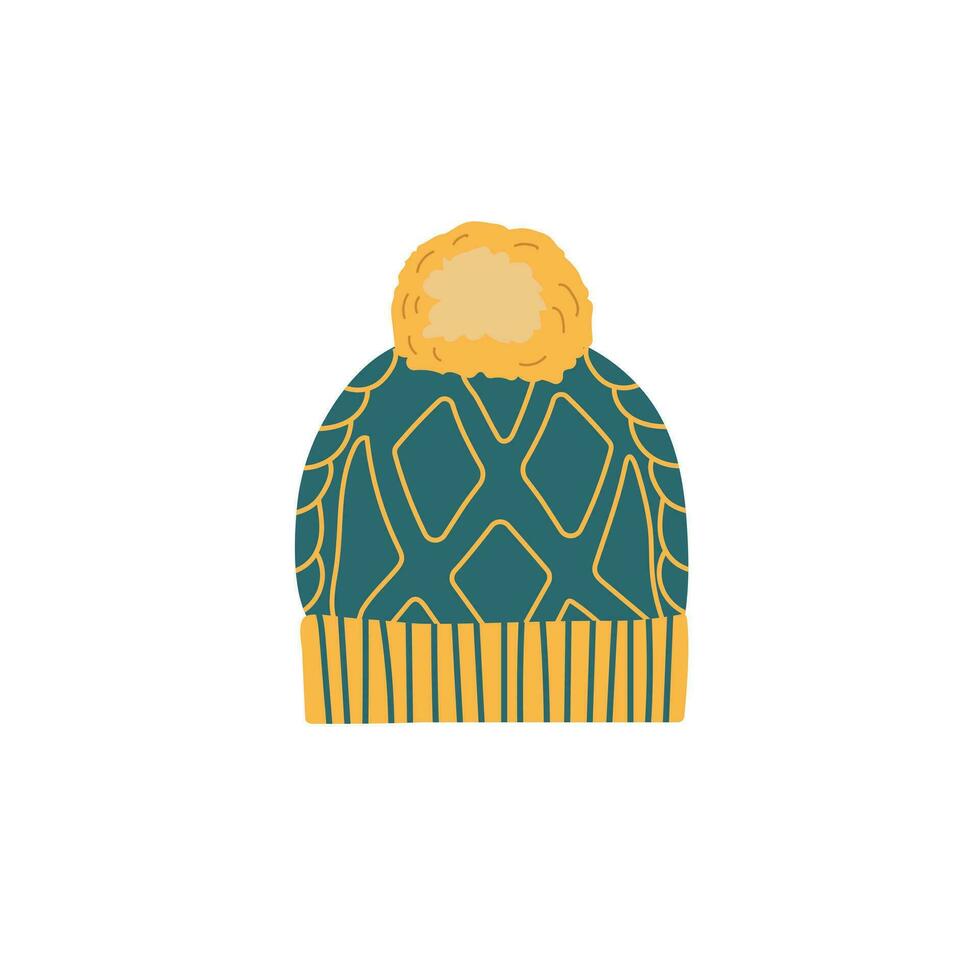 tricotado verde inverno chapéu com amarelo bubão. inverno roupas. plano vetor ilustração.branco fundo