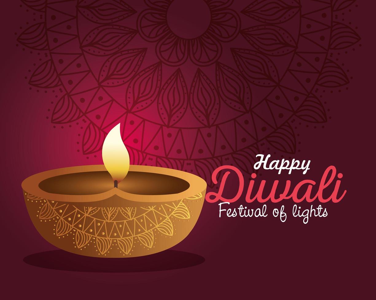 feliz diwali diya vela com mandala em desenho vetorial de fundo vermelho vetor