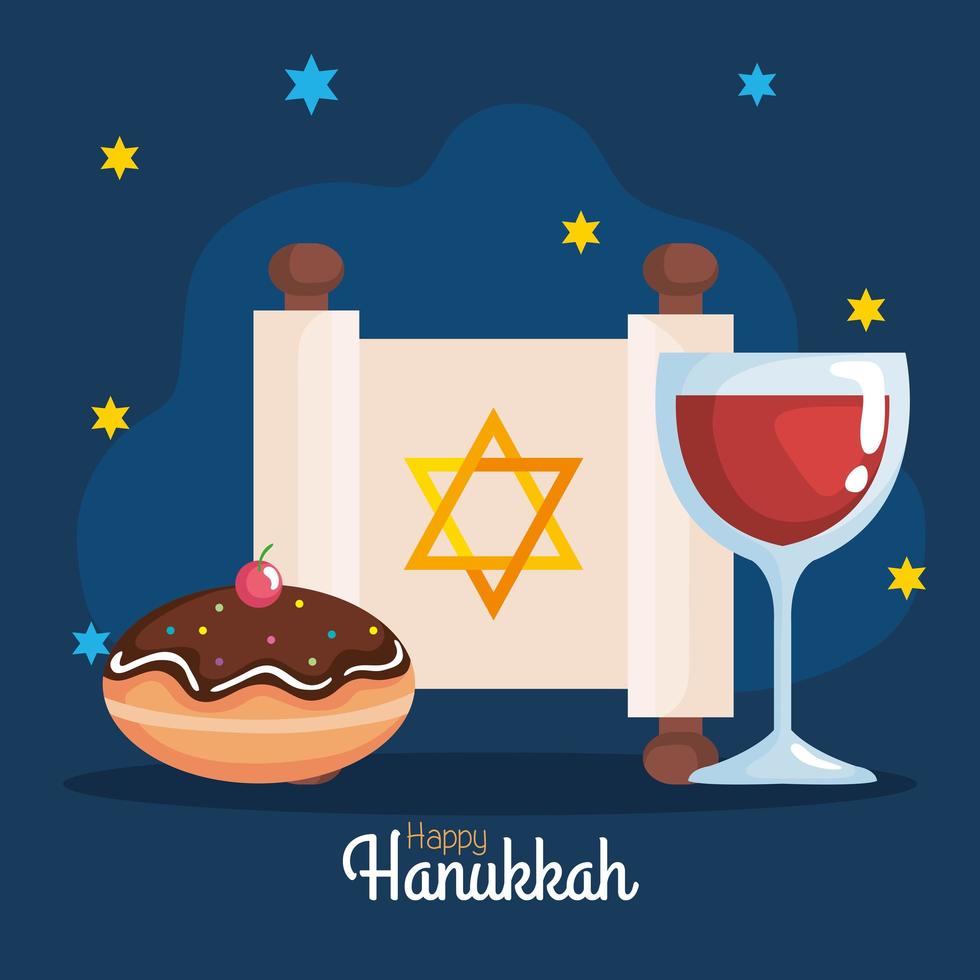 feliz hanukkah copo, torá e desenho vetorial sufganiot vetor