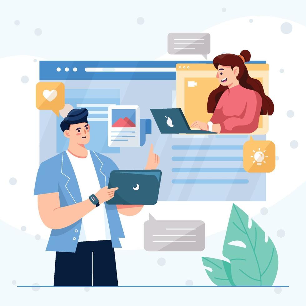 homem e mulher conversam online por meio do conceito de videoconferência vetor