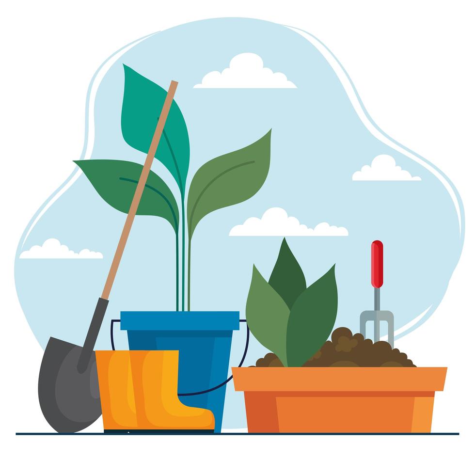 pá de jardinagem, botas e plantas dentro de desenho vetorial de balde e pote vetor