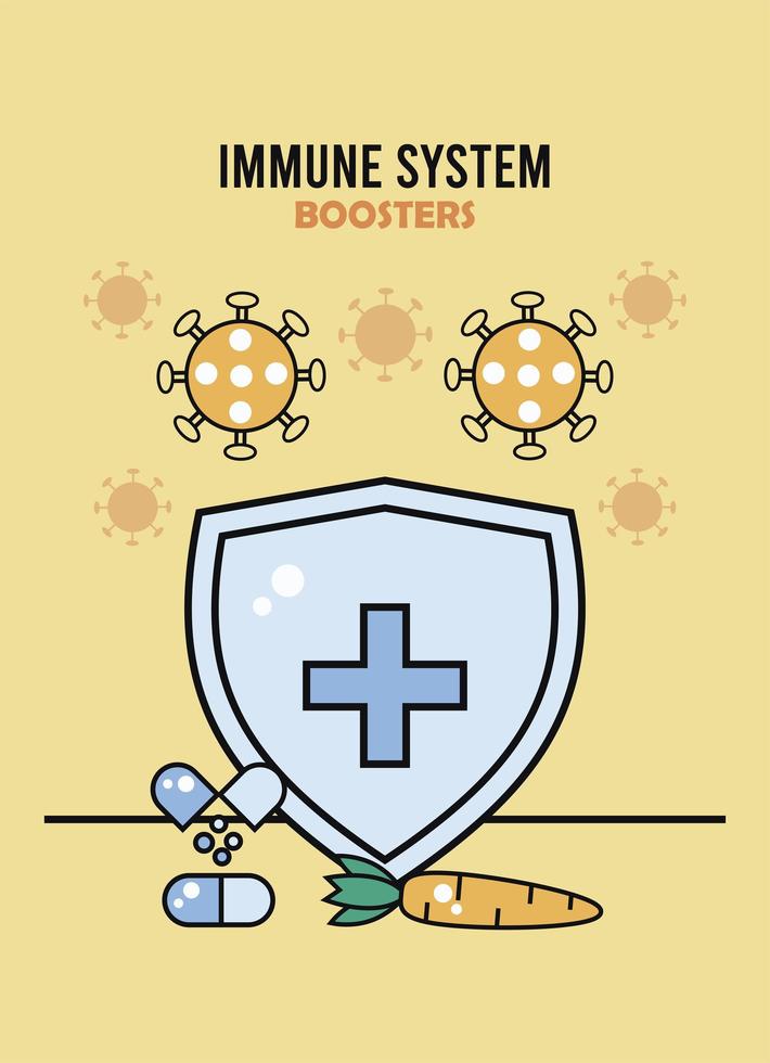 escudo de reforço do sistema imunológico com cenoura e cápsulas vetor