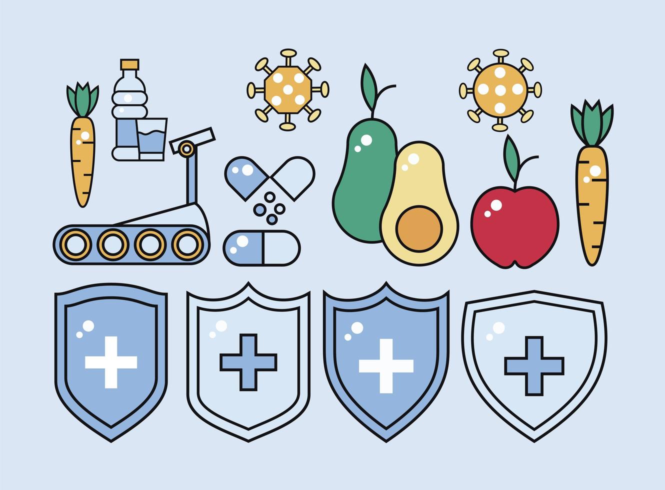 escudos de reforço do sistema imunológico com alimentos saudáveis e conjunto de ícones vetor