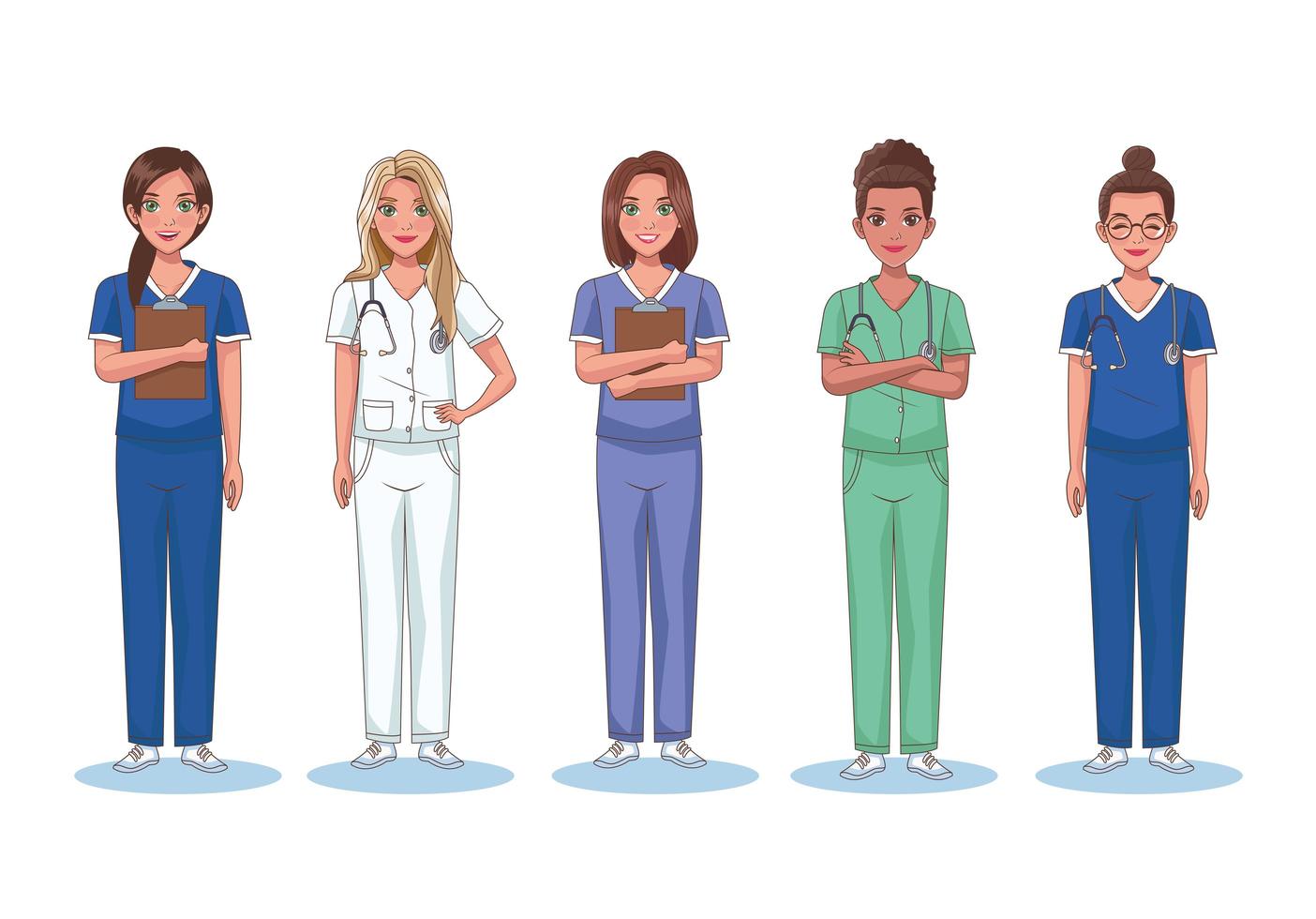 cinco enfermeiras em pé vetor