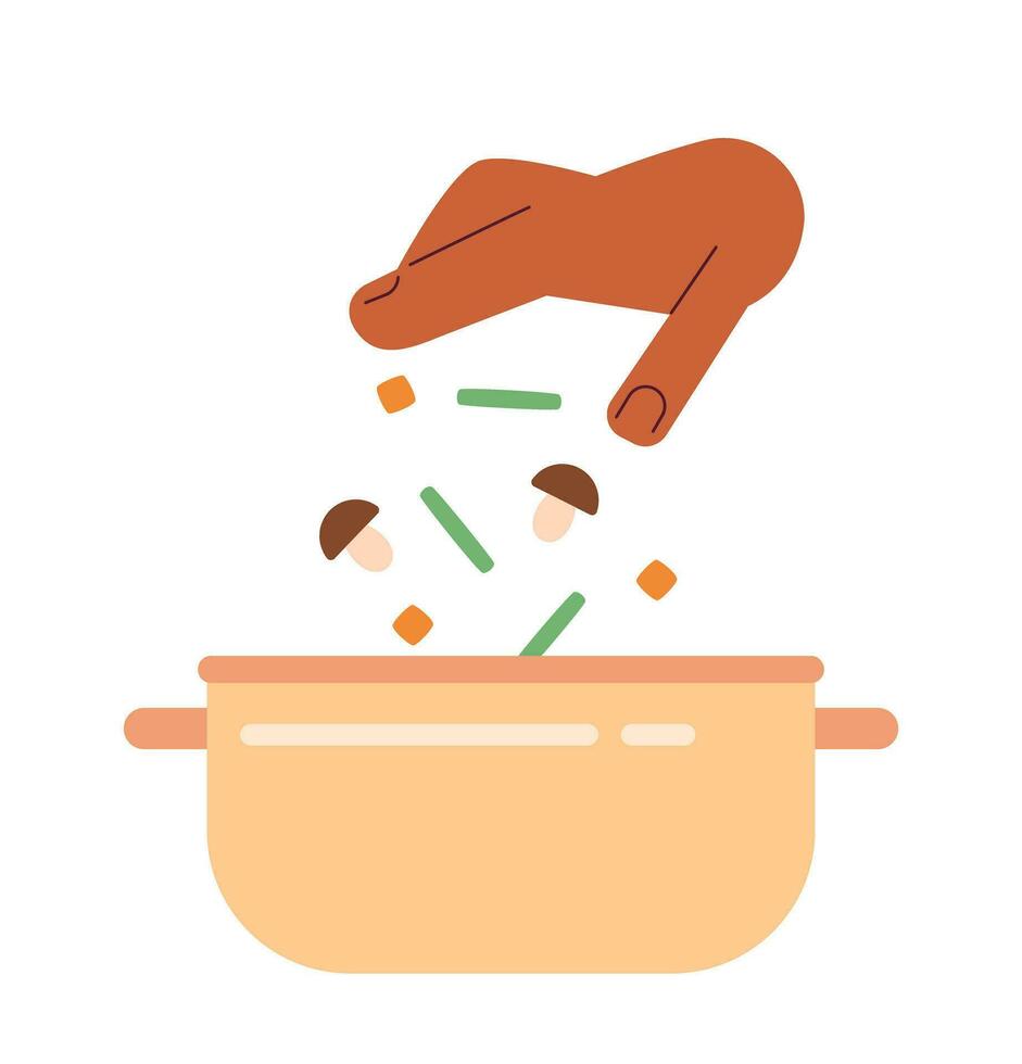 adicionar legumes dentro panela plano semi plano cor vetor objeto. Comida preparação dentro aço Panela. editável desenho animado grampo arte ícone em branco fundo. simples local ilustração para rede gráfico Projeto