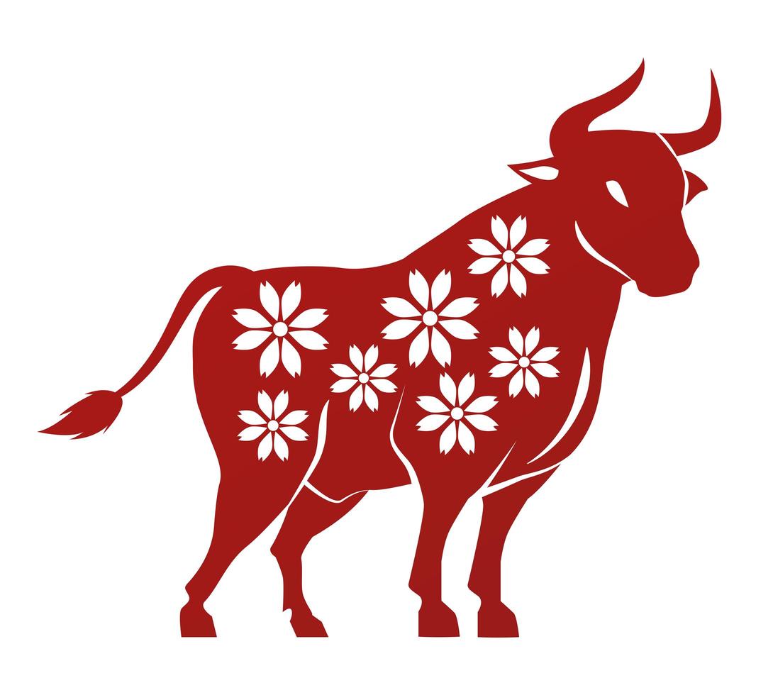 silhueta do boi do ano novo chinês com padrão floral vetor