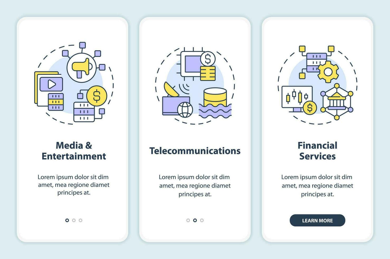 dados lago usar casos onboarding Móvel aplicativo tela. indústrias passo a passo 3 passos editável gráfico instruções com linear conceitos. interface do usuário, ux, gui modelado vetor