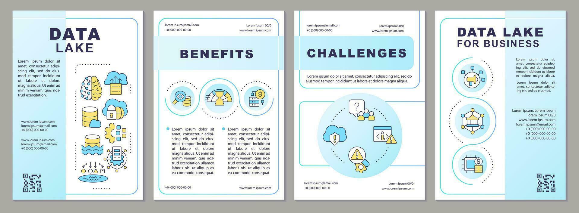 dados lago azul folheto modelo. benefícios e desafios. folheto Projeto com linear ícones. editável 4 vetor layouts para apresentação, anual relatórios