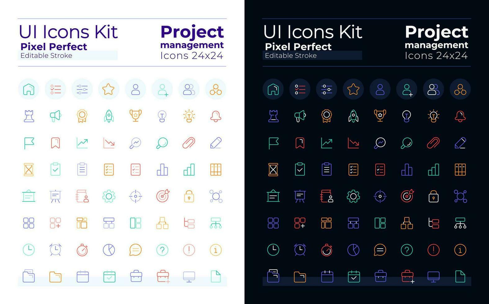 projeto gestão pixel perfeito cor linear ui ícones conjunto para escuro, luz modo. o negócio plano. esboço isolado do utilizador interface elementos coleção. editável acidente vascular encefálico vetor