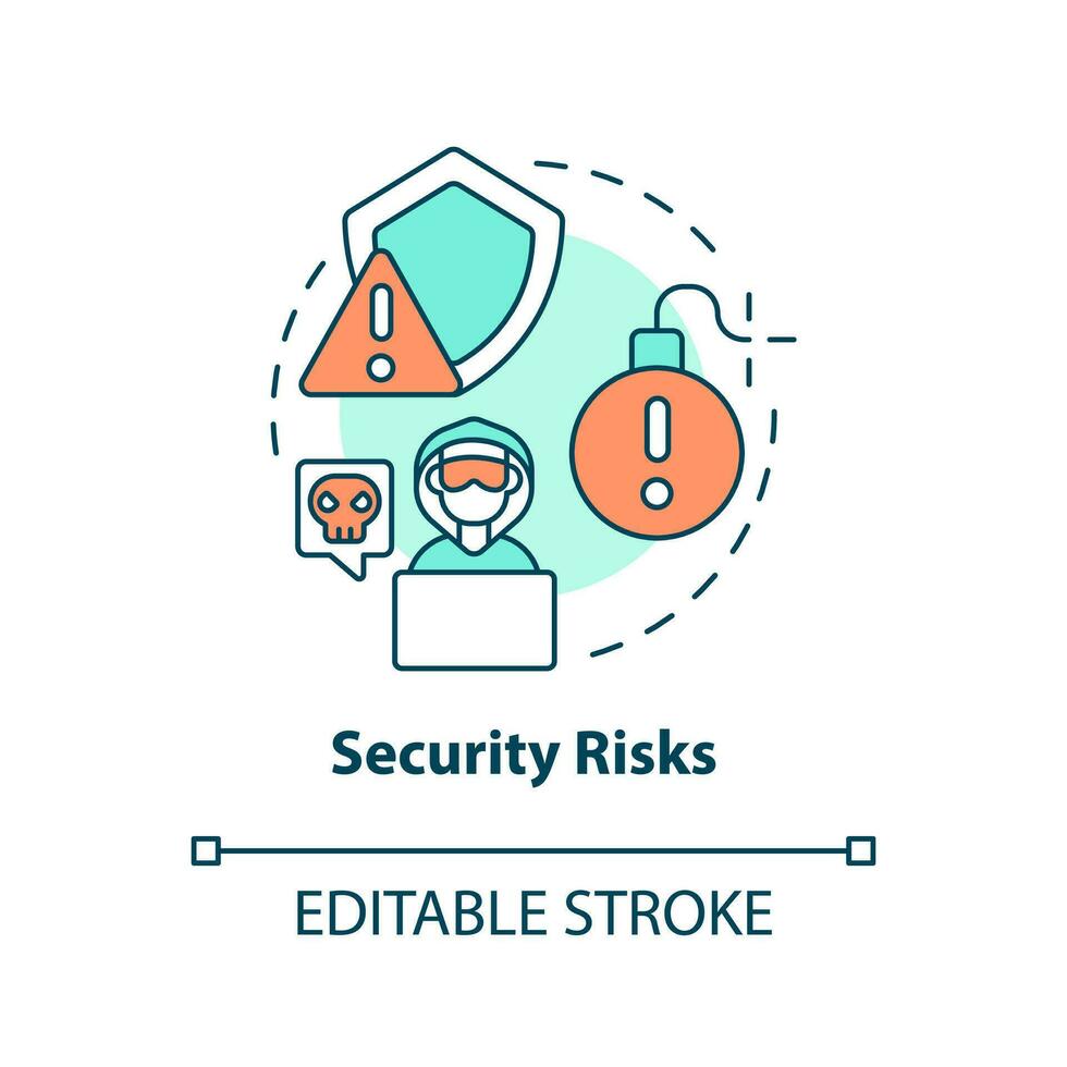 segurança riscos conceito ícone. reduzir computador ataques. Forte dados gestão sistema abstrato idéia fino linha ilustração. isolado esboço desenho. editável acidente vascular encefálico vetor