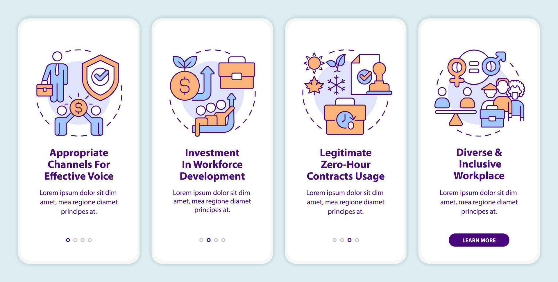 justo trabalhando práticas onboarding Móvel aplicativo tela. inclusivo crescimento passo a passo 4 passos editável gráfico instruções com linear conceitos. interface do usuário, ux, gui modelado vetor