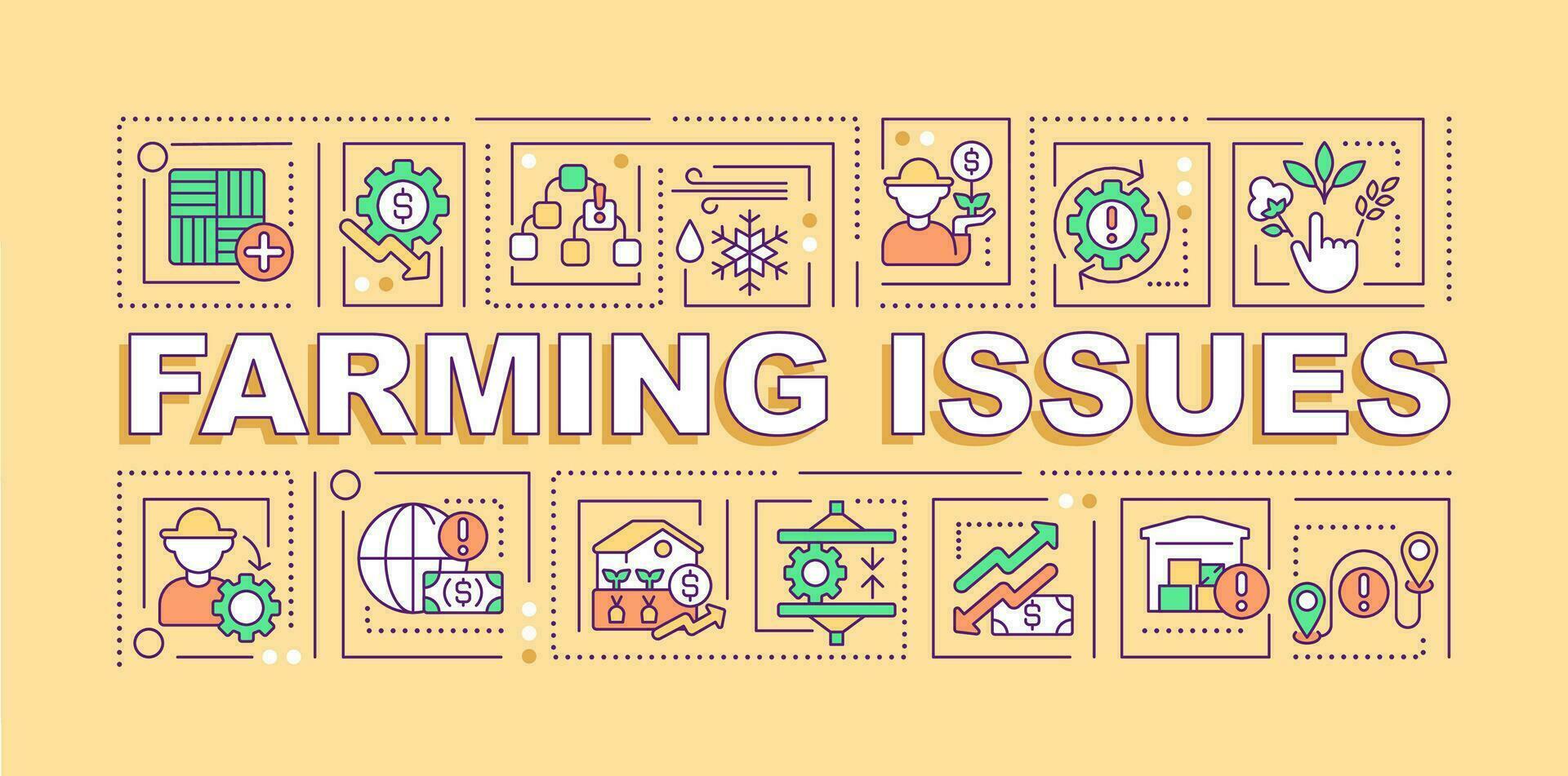 agricultura problemas palavra conceitos laranja bandeira. agro o negócio desafios. infográficos com editável ícones em cor fundo. isolado tipografia. vetor ilustração com texto