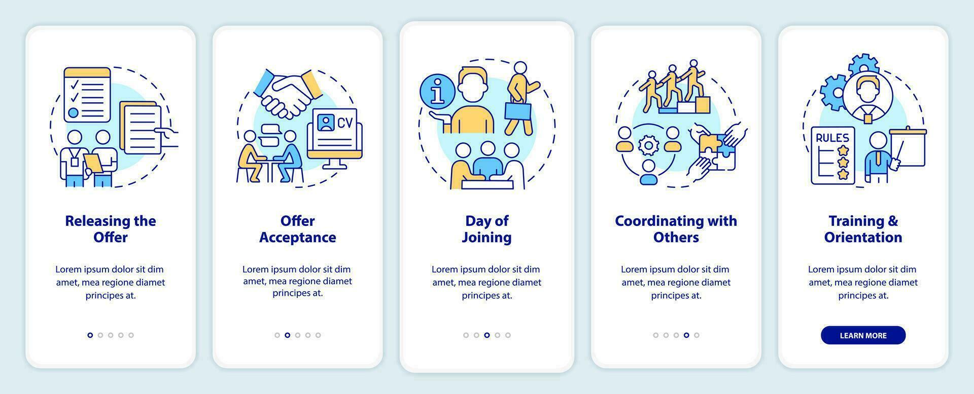 equipe juntando processo onboarding Móvel aplicativo tela. emprego passo a passo 5 passos editável gráfico instruções com linear conceitos. interface do usuário, ux, gui modelado vetor