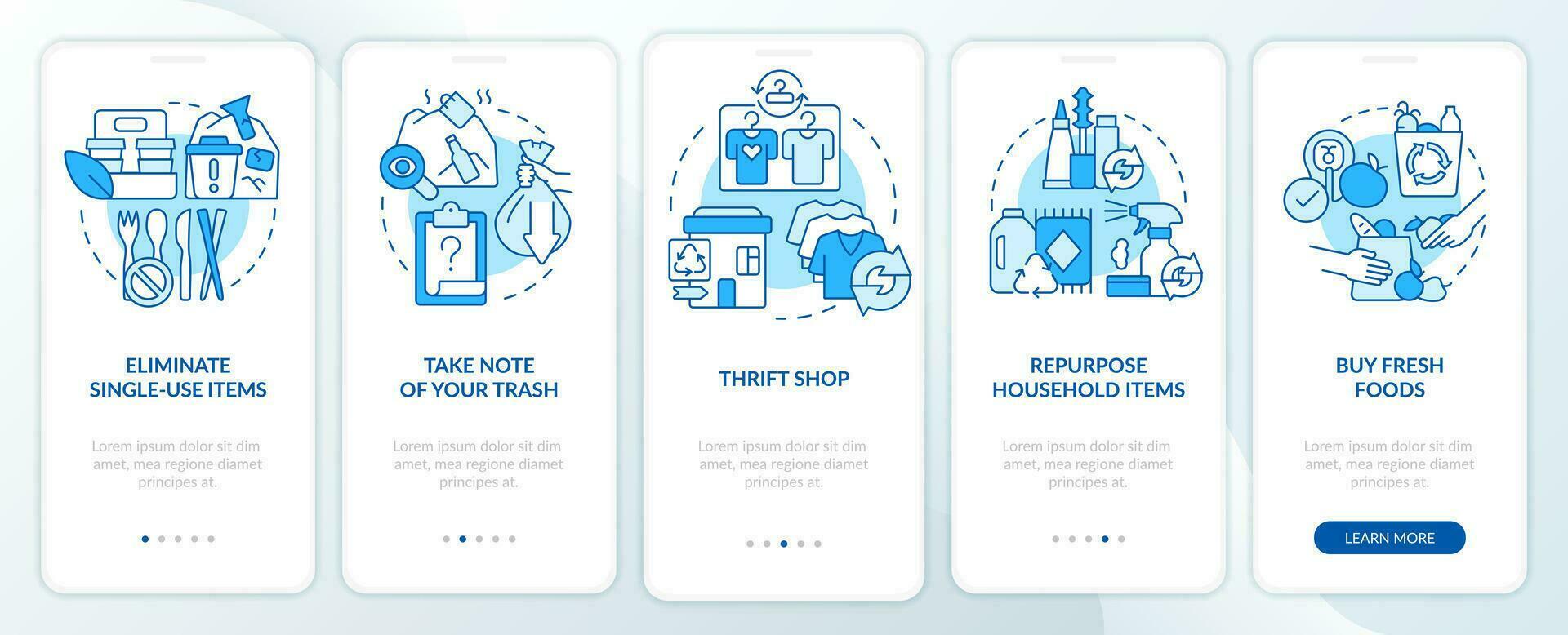 trocando para desperdício Zero estilo de vida azul onboarding Móvel aplicativo tela. passo a passo 5 passos editável gráfico instruções com linear conceitos. interface do usuário, ux, gui modelado vetor