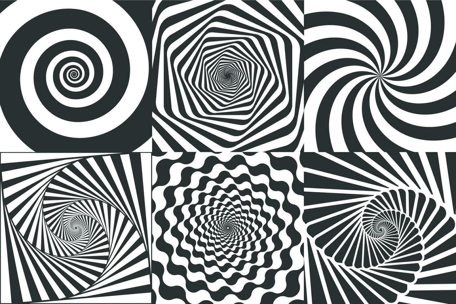 hipnótico espiral. redemoinho hipnotizar espirais, vertigem geométrico ilusão e rotativo listras volta padronizar vetor ilustração conjunto