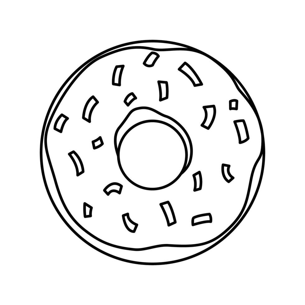 rosquinha com sprincles linha desenhando rabisco monocromático vetor ilustração solado em branco fundo.