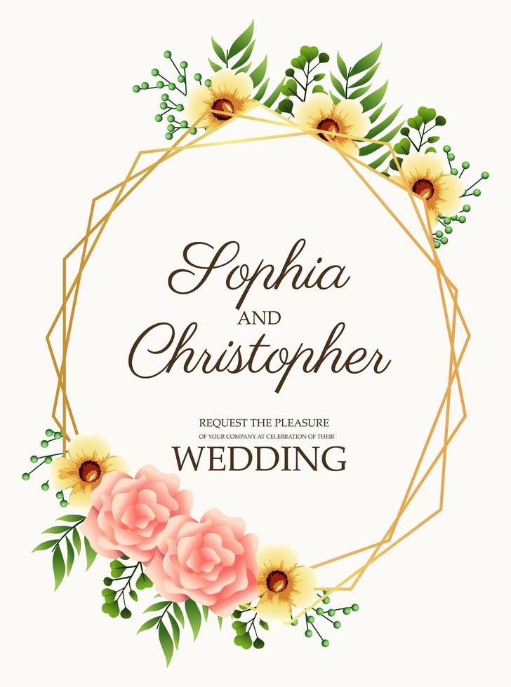 cartão de convite de casamento com moldura de flores rosa e dourada vetor