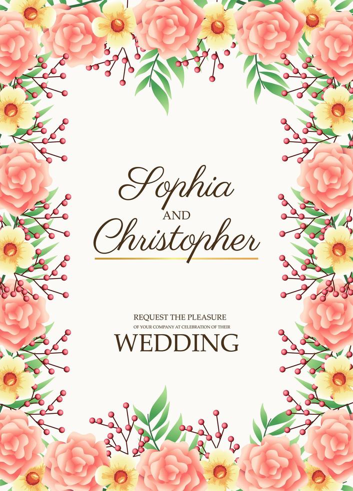 cartão de convite de casamento com moldura de flores rosa vetor