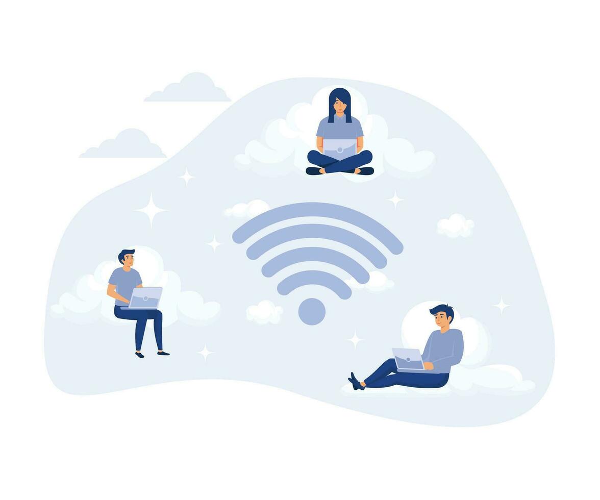 sem fio conexão, homem e mulher trabalhando, social trabalho em rede e conversando usando nuvem armazenar, plano vetor moderno ilustração