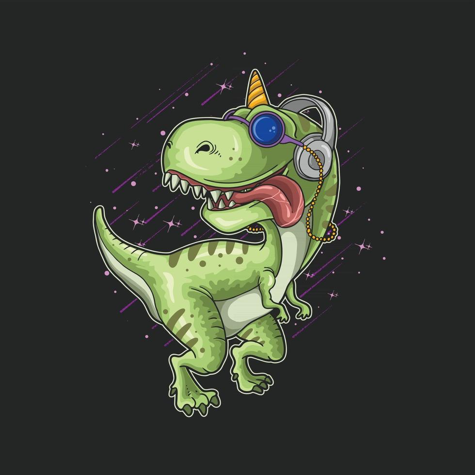 dinossauro fofo com ilustração de fone de ouvido vetor