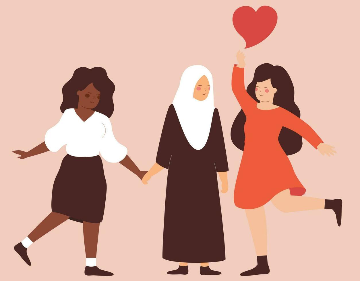 feliz mulheres Apoio, suporte cada de outros com amar. três mães a partir de diferente etnias, religiões e culturas ficar de pé lado de lado junto. conceito do feminista movimento, mãe dia e mulheres dia. vetor