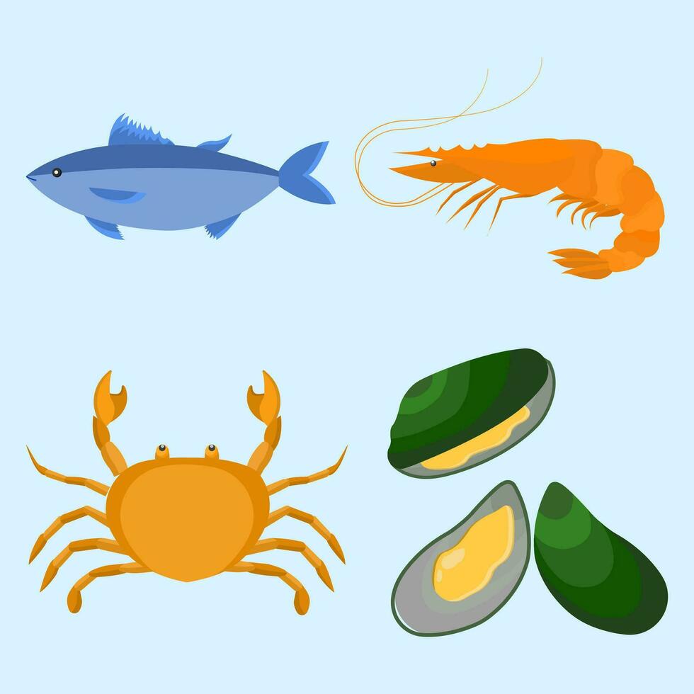 frutos do mar, peixe, camarão, camarão, marisco, mexilhão, caranguejo vetor