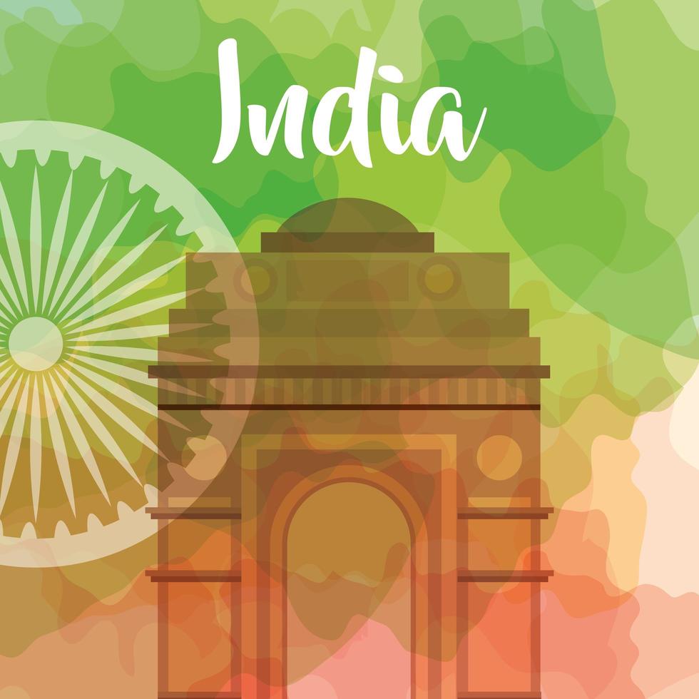 famoso monumento da Índia em segundo plano para o feliz dia da independência com a decoração da roda de Ashoka vetor