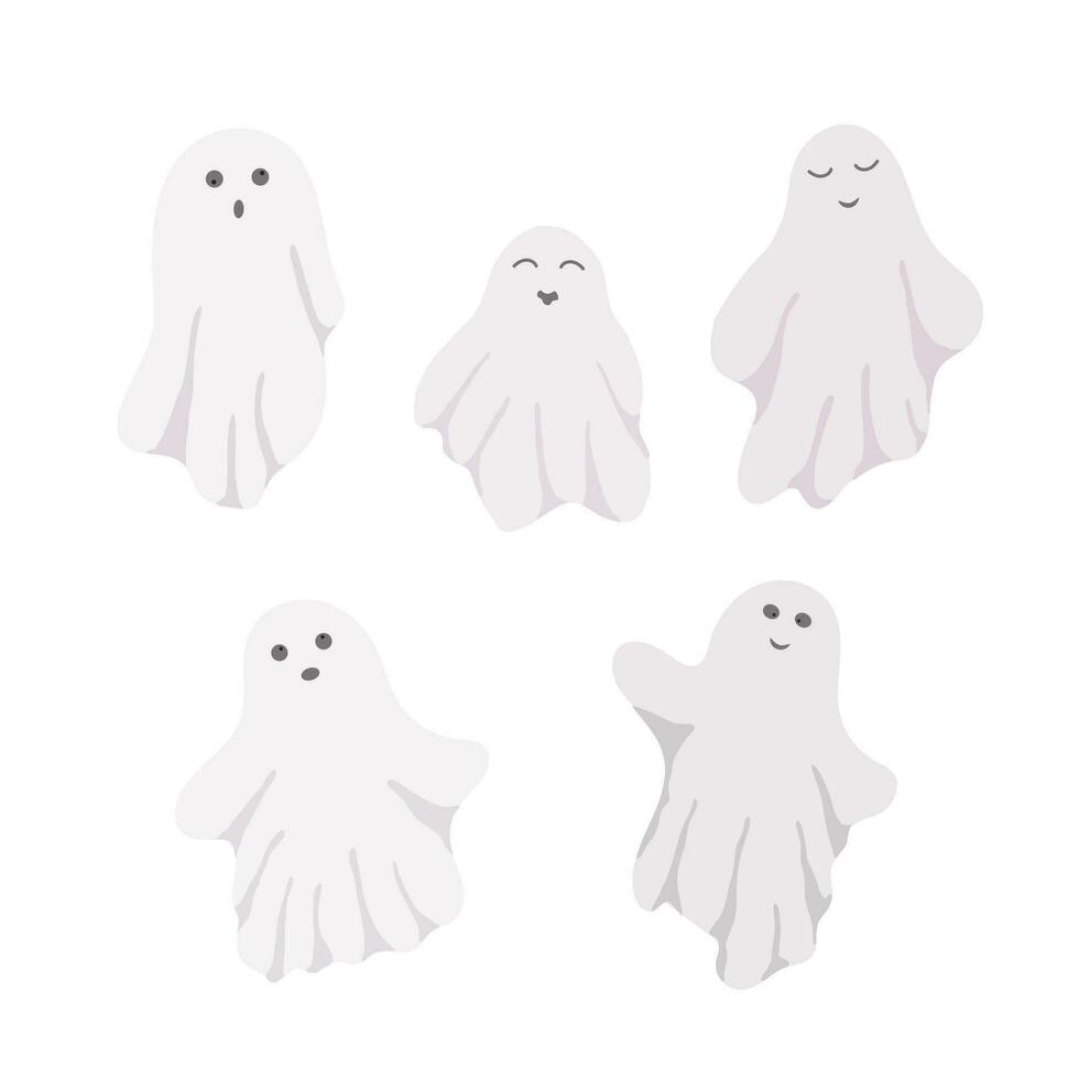 pequeno fofa branco fantasmas com emoções conjunto vetor ilustração em a branco fundo, fofa assustador simples personagem Preto e branco desenhando para dia das Bruxas feriado celebrações