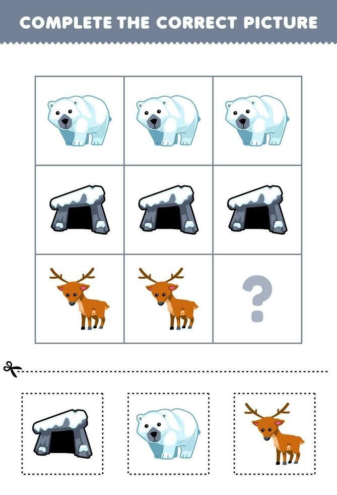 Educação jogos para crianças para escolher e completo a corrigir cenário do uma fofa desenho animado caverna polar Urso ou veado imprimível inverno planilha vetor