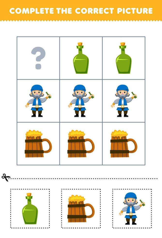 Educação jogos para crianças para escolher e completo a corrigir cenário do uma fofa desenho animado garrafa beber ou velho homem imprimível pirata planilha vetor