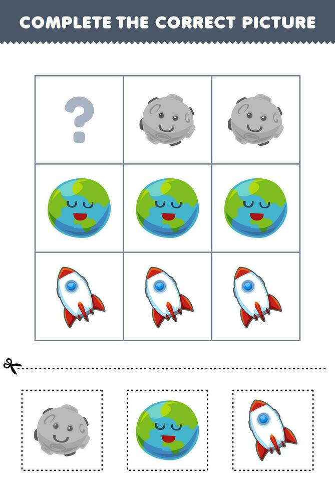Educação jogos para crianças para escolher e completo a corrigir cenário do uma fofa desenho animado terra planeta ou foguete imprimível solar sistema planilha vetor