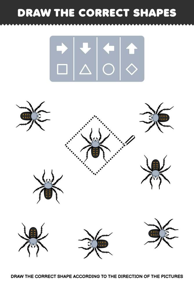 Educação jogos para crianças desenhar a corrigir forma de acordo com para a direção do fofa desenho animado aranha As fotos imprimível erro planilha vetor
