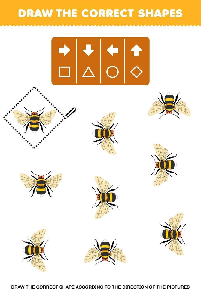 Educação jogos para crianças desenhar a corrigir forma de acordo com para a direção do fofa desenho animado abelha As fotos imprimível erro planilha vetor