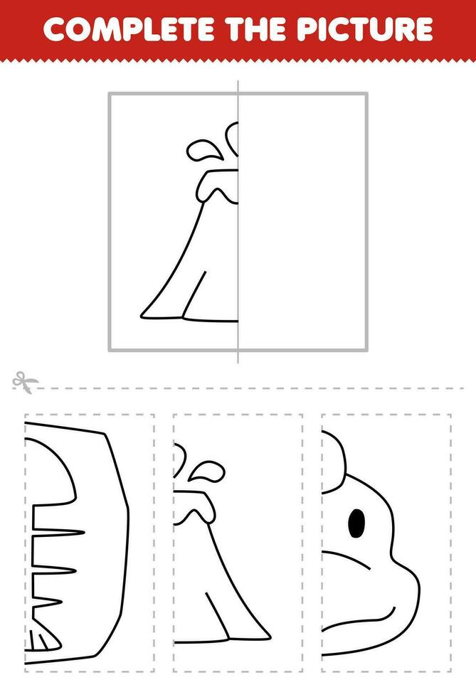 Educação jogos para crianças cortar e completo a cenário do fofa desenho animado vulcão metade esboço para coloração imprimível pré-histórico dinossauro planilha vetor