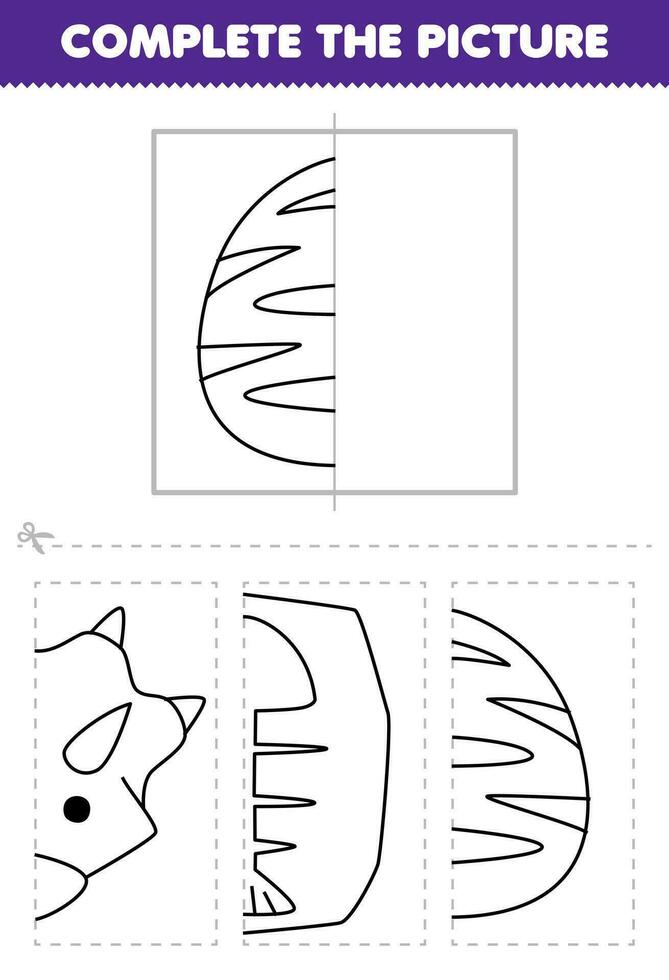 Educação jogos para crianças cortar e completo a cenário do fofa desenho animado dino ovo metade esboço para coloração imprimível pré-histórico dinossauro planilha vetor