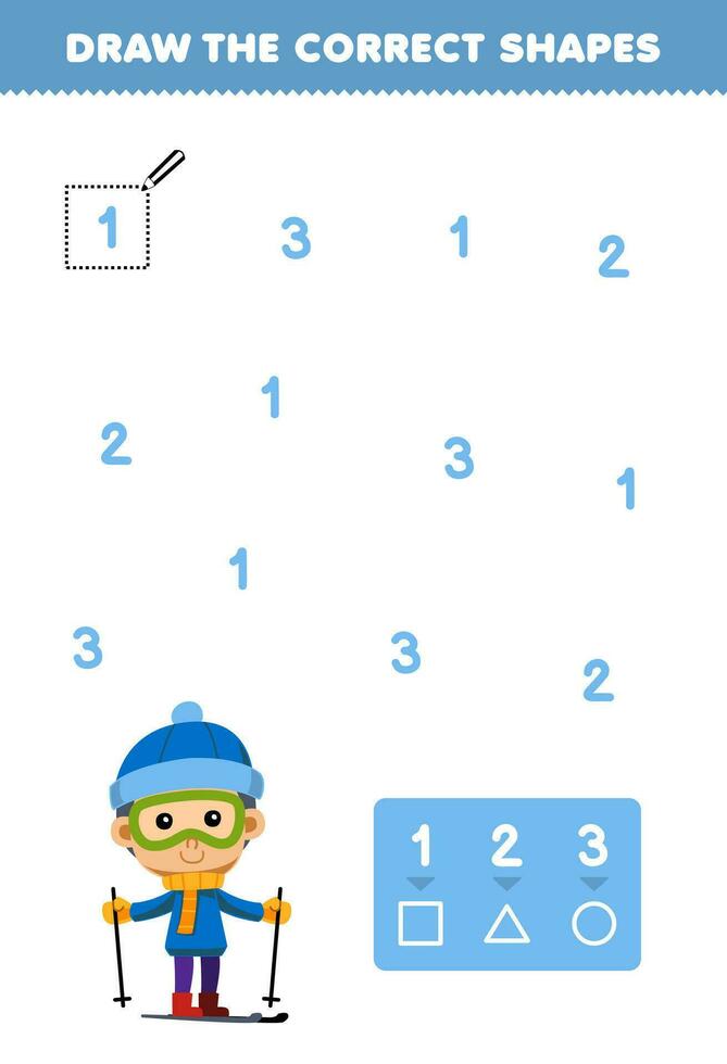 Educação jogos para crianças Socorro fofa desenho animado Garoto jogando esqui desenhar a corrigir formas de acordo com para a número imprimível inverno planilha vetor