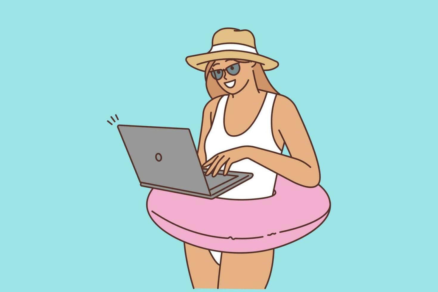 feliz jovem mulher dentro inflável anel trabalhando em computador durante verão feriados. sorridente fêmea trabalhador autonomo usar computador portátil às de praia. freelance conceito. vetor ilustração.