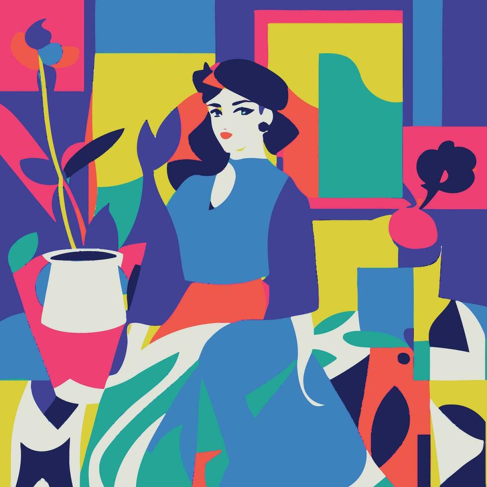 vetor plano Projeto Matisse estilo ilustração do uma mulher dentro uma relaxado pose. a ilustração características negrito cores e simples formas, dando isto uma moderno e à moda Veja