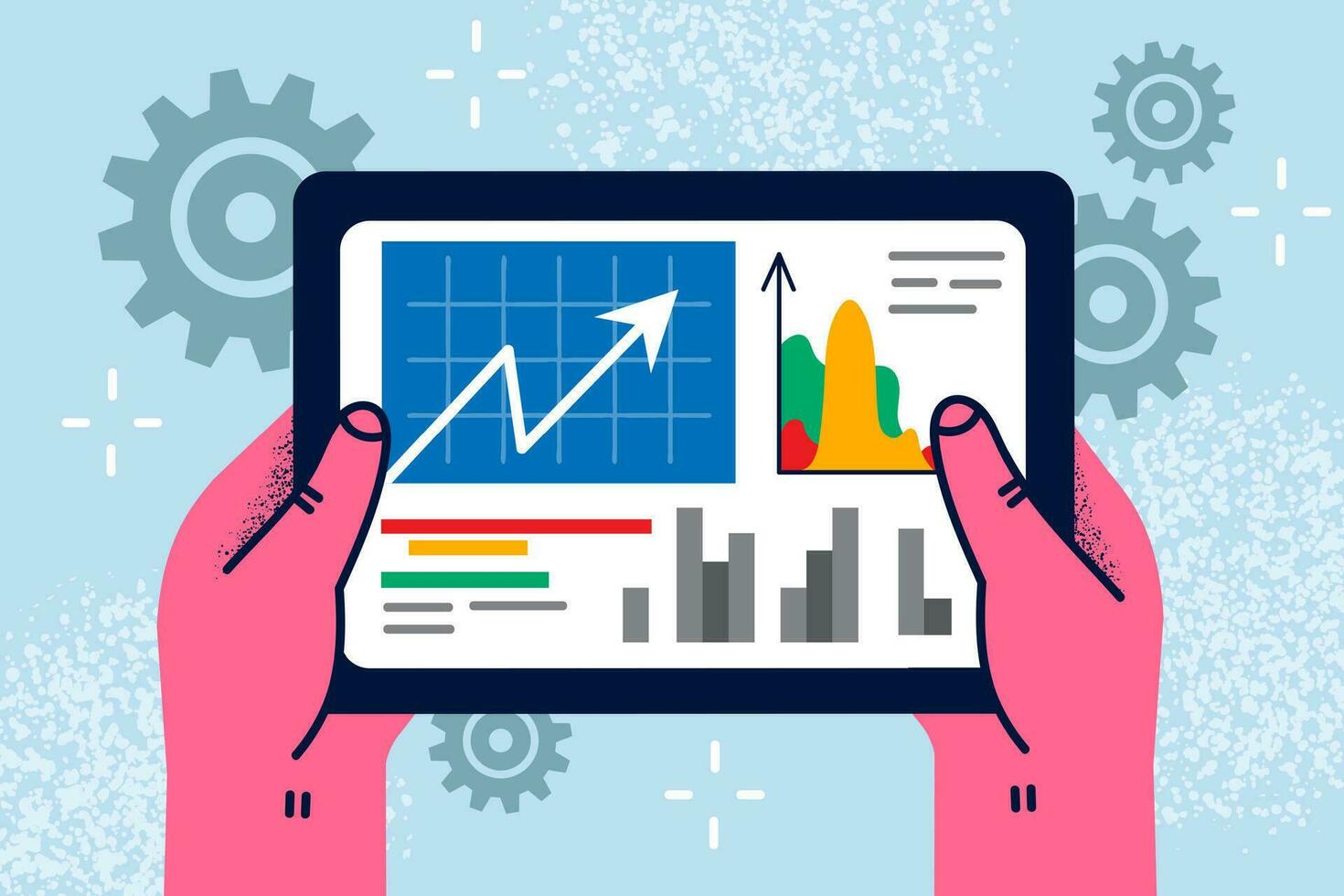 pessoa de negócios aguarde moderno tábua Verifica analisar financeiro diagramas e gráfico negociação conectados em estoque troca mercado. homem empreendedor trabalhos em almofada com finanças. plano vetor ilustração.