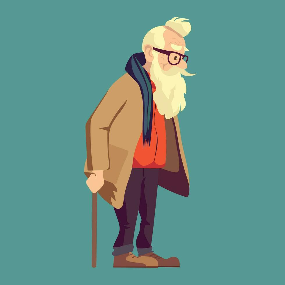Senior homem com uma bengala. moderno Senior cara. à moda idosos homem dentro rua moda casual roupas dor lombar ícone. vetor