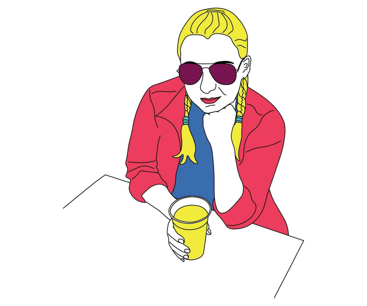 1 linha retrato do uma menina com óculos com uma vidro do Cerveja ou coquetel. dentro uma brilhante jaqueta. desenho animado retrato vetor