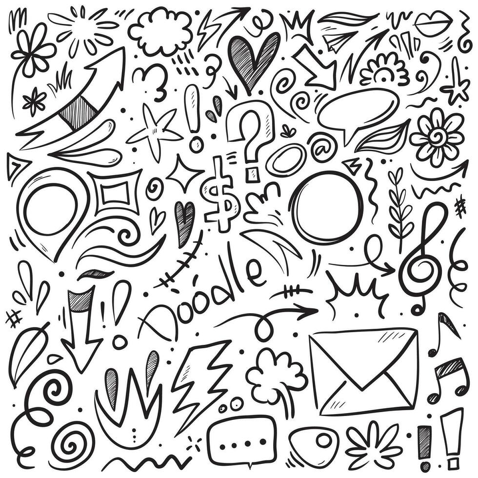 conjunto de vetores de doodle de sinal de expressão de desenho animado desenhado à mão, setas direcionais de curva, elementos de design de efeitos de emoticon, símbolos de emoção de personagem de desenho animado, linhas de traçado de pincel decorativas fofas.