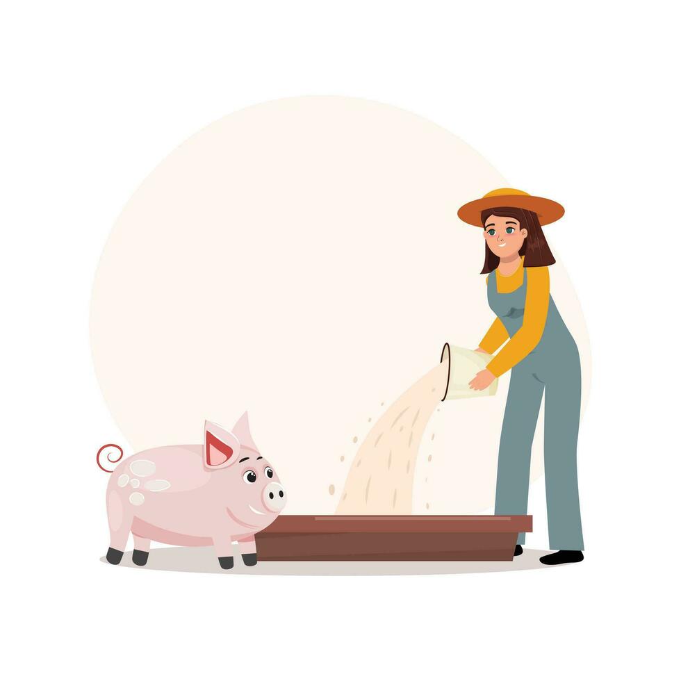 plano desenho animado ilustração do uma fêmea agricultor alimentando uma fofa porco às a grandes de madeira cocho. fazenda, gado, Reprodução conceito ilustração. vetor