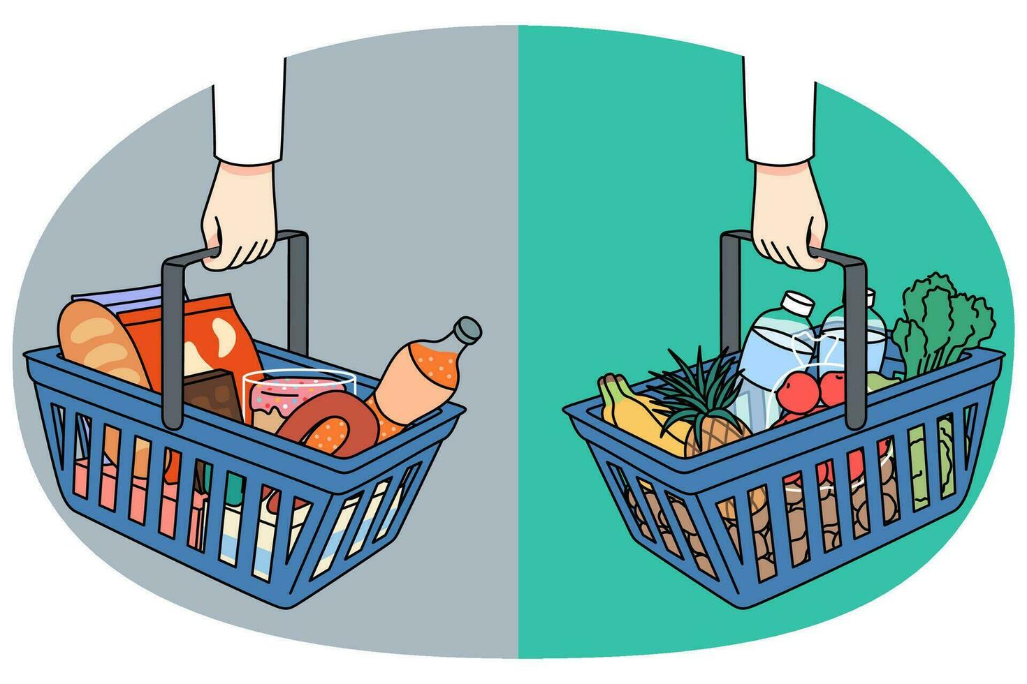 compras cestas com saudável e pouco saudável produtos vetor